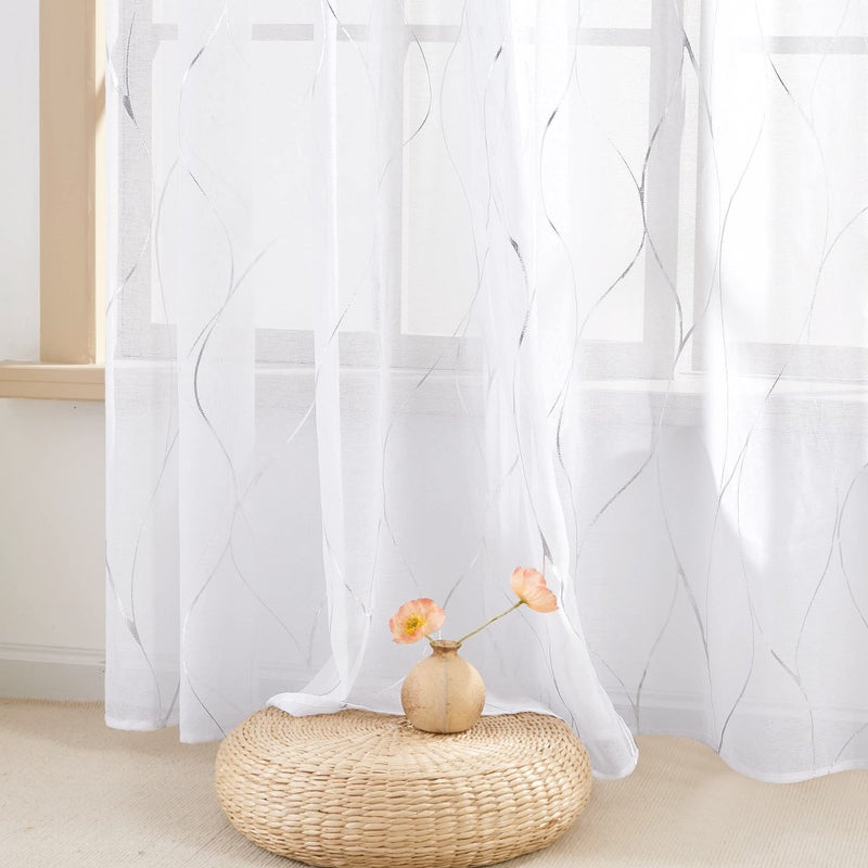 Deconovo Semi Sheer Curtains 2 Panels, 52W x 95L Inch Each, Grommet Top Voile, Light-Filtering Day Privacy, Silver Wave Foil Pattern, Living Room/Bedroom Window Drapes, Easy Hang - Image 3